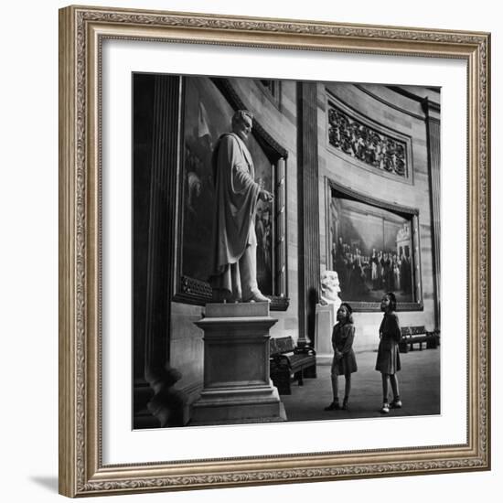 Two Girl Scouts Looking Up at Marble Statue of Abraham Lincoln, Rotunda of the Capitol Building-Alfred Eisenstaedt-Framed Photographic Print