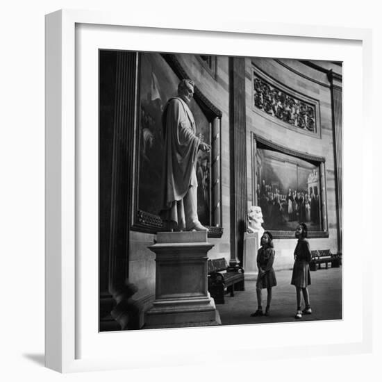 Two Girl Scouts Looking Up at Marble Statue of Abraham Lincoln, Rotunda of the Capitol Building-Alfred Eisenstaedt-Framed Photographic Print