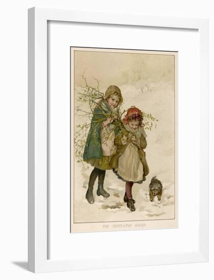 Two Girls Accompanied by a Small Dog Gather Holly and Mistletoe-null-Framed Art Print