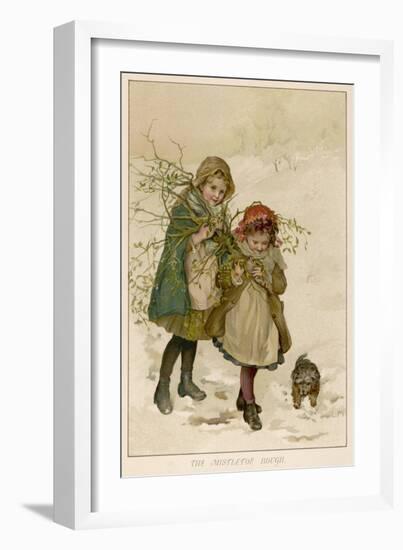 Two Girls Accompanied by a Small Dog Gather Holly and Mistletoe-null-Framed Art Print
