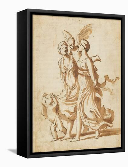 Two Girls Accompanied by Cupid, C.1625 (Pen and Brown Ink and Brown Wash over Black Chalk)-Nicolas Poussin-Framed Premier Image Canvas