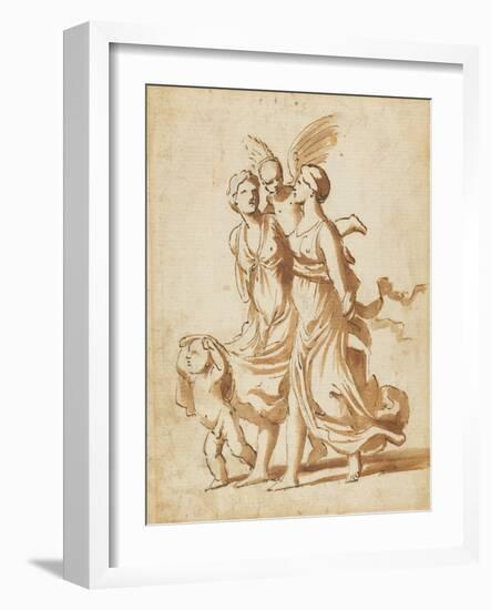 Two Girls Accompanied by Cupid, C.1625 (Pen and Brown Ink and Brown Wash over Black Chalk)-Nicolas Poussin-Framed Giclee Print