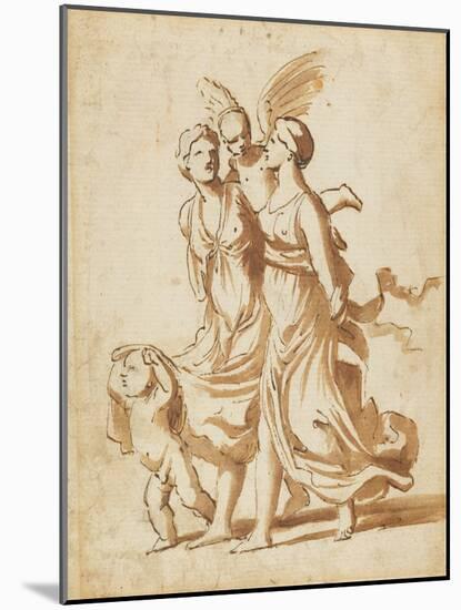 Two Girls Accompanied by Cupid, C.1625 (Pen and Brown Ink and Brown Wash over Black Chalk)-Nicolas Poussin-Mounted Giclee Print