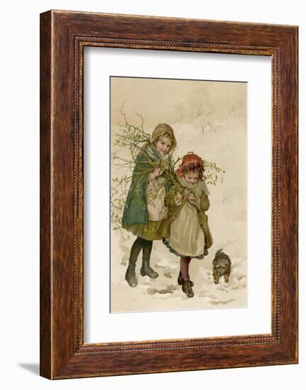 Two Girls and Their Dog Gather Mistletoe in the Snow-Lizzie-Framed Photographic Print