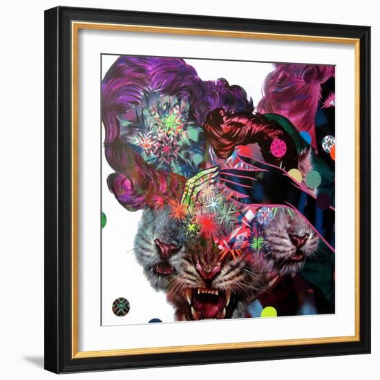 Two Girls and Three Tigers Show-Shark Toof-Framed Art Print