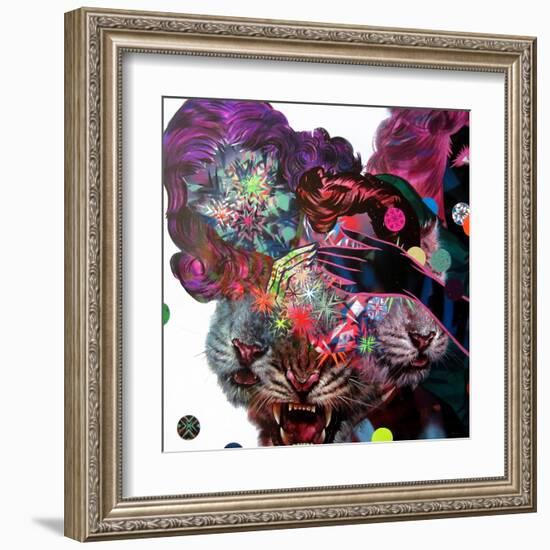 Two Girls and Three Tigers Show-Shark Toof-Framed Art Print