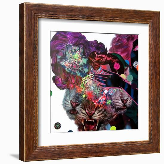 Two Girls and Three Tigers Show-Shark Toof-Framed Art Print