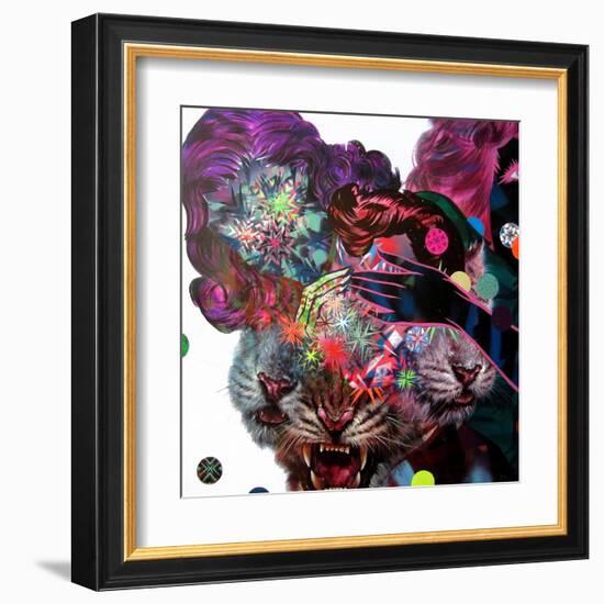 Two Girls and Three Tigers Show-Shark Toof-Framed Art Print