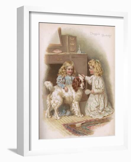 Two Girls Brush Dog 1896-Harriett M Bennett-Framed Art Print
