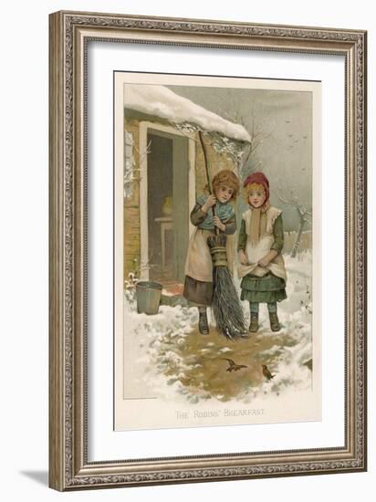 Two Girls Give the Robins Their Breakfast-Harriet M. Bennett-Framed Art Print