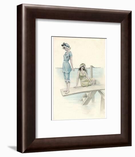 Two Girls in Bathing Suits One About to Dive into the Sea from a Diving Board-null-Framed Art Print