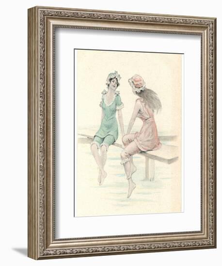 Two Girls in Bathing Suits Sitting and Chatting on the Jetty-null-Framed Art Print