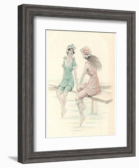 Two Girls in Bathing Suits Sitting and Chatting on the Jetty-null-Framed Art Print