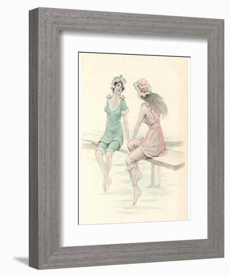 Two Girls in Bathing Suits Sitting and Chatting on the Jetty-null-Framed Art Print