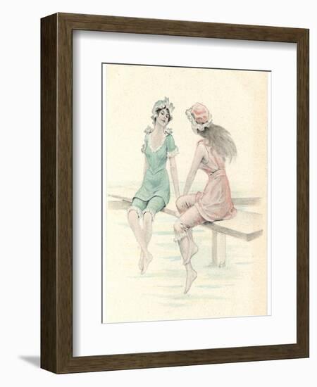 Two Girls in Bathing Suits Sitting and Chatting on the Jetty-null-Framed Art Print