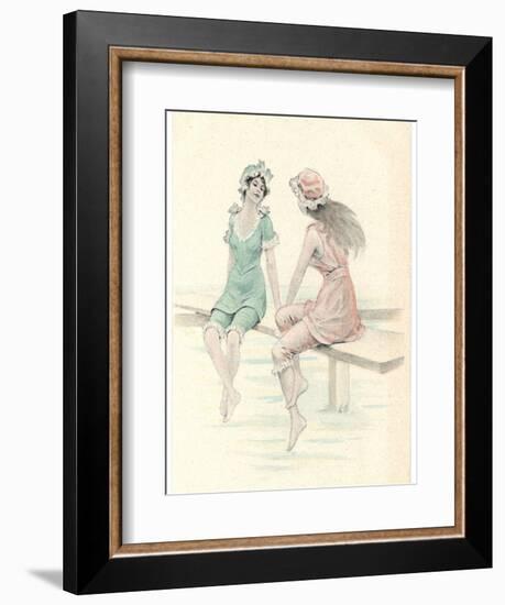 Two Girls in Bathing Suits Sitting and Chatting on the Jetty-null-Framed Art Print