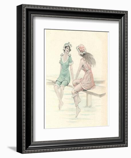 Two Girls in Bathing Suits Sitting and Chatting on the Jetty-null-Framed Art Print