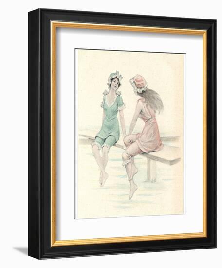 Two Girls in Bathing Suits Sitting and Chatting on the Jetty-null-Framed Art Print