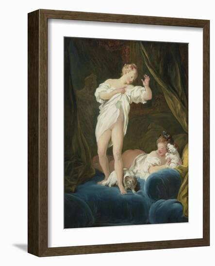 Two Girls on a Bed Playing with their Dogs-Jean-Honoré Fragonard-Framed Giclee Print