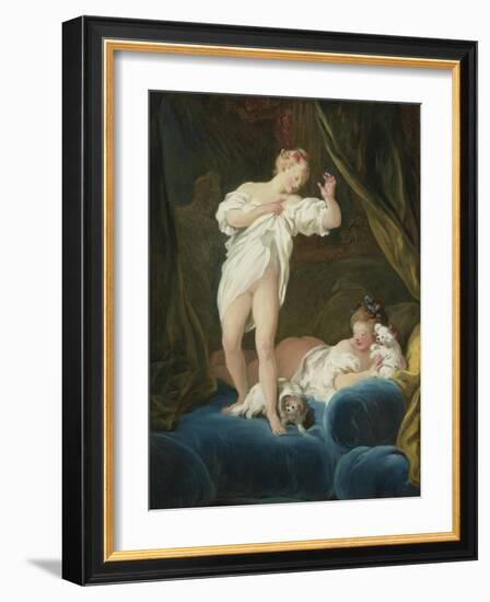 Two Girls on a Bed Playing with their Dogs-Jean-Honoré Fragonard-Framed Giclee Print