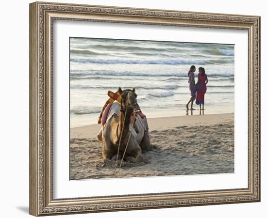 Two Girls on Beach at Dusk, Camel Waiting, Ganpatipule, Karnataka, India, Asia-Annie Owen-Framed Photographic Print