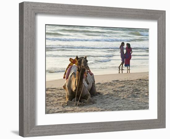 Two Girls on Beach at Dusk, Camel Waiting, Ganpatipule, Karnataka, India, Asia-Annie Owen-Framed Photographic Print