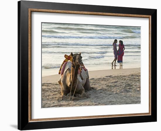 Two Girls on Beach at Dusk, Camel Waiting, Ganpatipule, Karnataka, India, Asia-Annie Owen-Framed Photographic Print