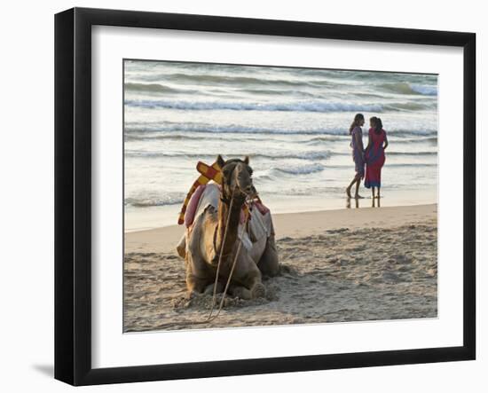 Two Girls on Beach at Dusk, Camel Waiting, Ganpatipule, Karnataka, India, Asia-Annie Owen-Framed Photographic Print