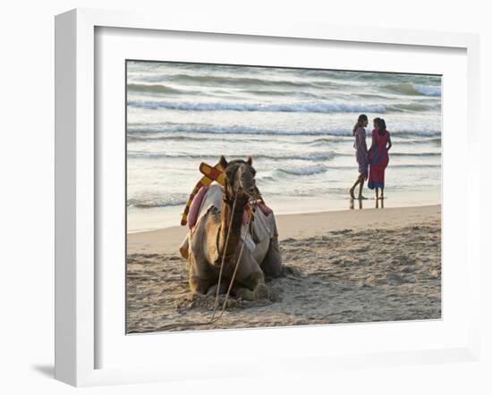 Two Girls on Beach at Dusk, Camel Waiting, Ganpatipule, Karnataka, India, Asia-Annie Owen-Framed Photographic Print