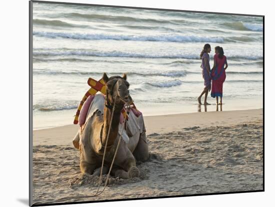 Two Girls on Beach at Dusk, Camel Waiting, Ganpatipule, Karnataka, India, Asia-Annie Owen-Mounted Photographic Print
