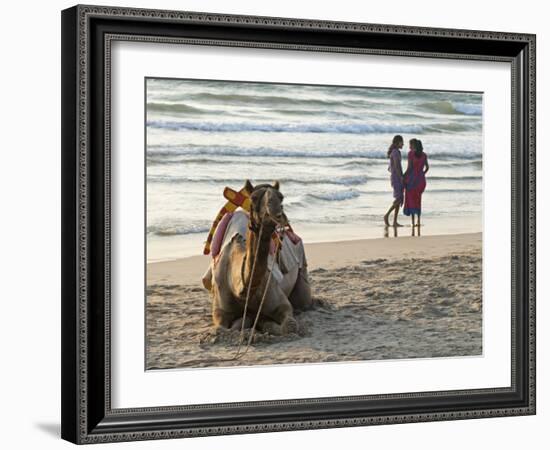 Two Girls on Beach at Dusk, Camel Waiting, Ganpatipule, Karnataka, India, Asia-Annie Owen-Framed Photographic Print