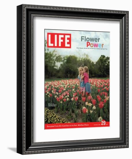 Two Girls Sharing a Secret Standing in Tulip Beds at a Dallas Flower Show, April 29, 2005-Greg Miller-Framed Photographic Print