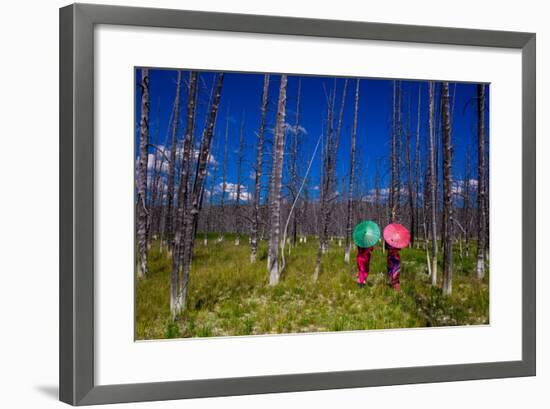 Two Girls with Parasols in Burnt Forest, Yellowstone National Park, Wyoming-Laura Grier-Framed Photographic Print