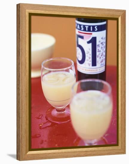 Two Glasses of Pastis, Bottle of Pastis Behind-Peter Medilek-Framed Premier Image Canvas