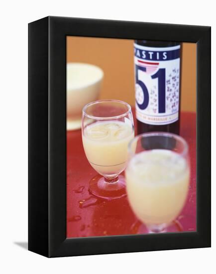 Two Glasses of Pastis, Bottle of Pastis Behind-Peter Medilek-Framed Premier Image Canvas