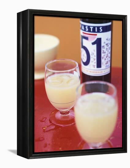 Two Glasses of Pastis, Bottle of Pastis Behind-Peter Medilek-Framed Premier Image Canvas