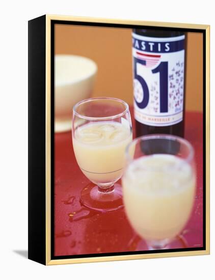 Two Glasses of Pastis, Bottle of Pastis Behind-Peter Medilek-Framed Premier Image Canvas