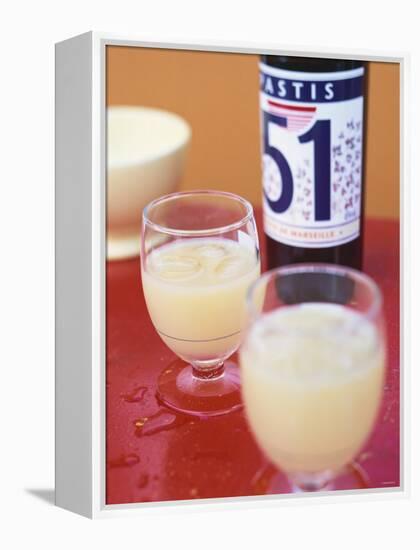 Two Glasses of Pastis, Bottle of Pastis Behind-Peter Medilek-Framed Premier Image Canvas