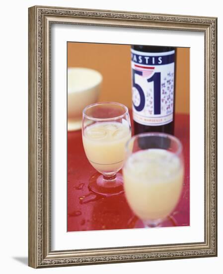 Two Glasses of Pastis, Bottle of Pastis Behind-Peter Medilek-Framed Photographic Print