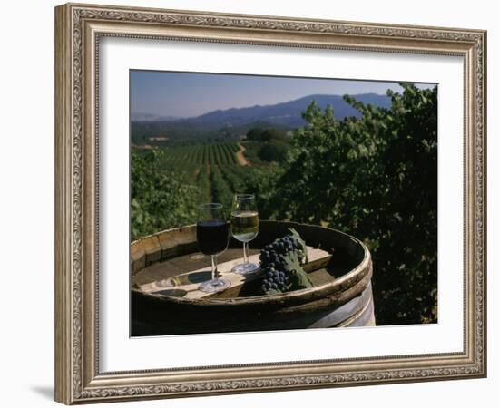 Two Glasses of Wine on Barrel at Kunde Estates Winery, Sonoma Valley, Sonoma County, California-null-Framed Photographic Print