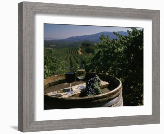 Two Glasses of Wine on Barrel at Kunde Estates Winery, Sonoma Valley, Sonoma County, California-null-Framed Photographic Print