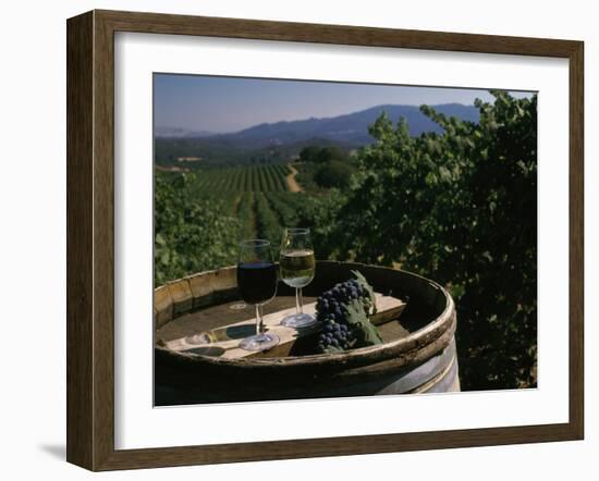 Two Glasses of Wine on Barrel at Kunde Estates Winery, Sonoma Valley, Sonoma County, California-null-Framed Photographic Print