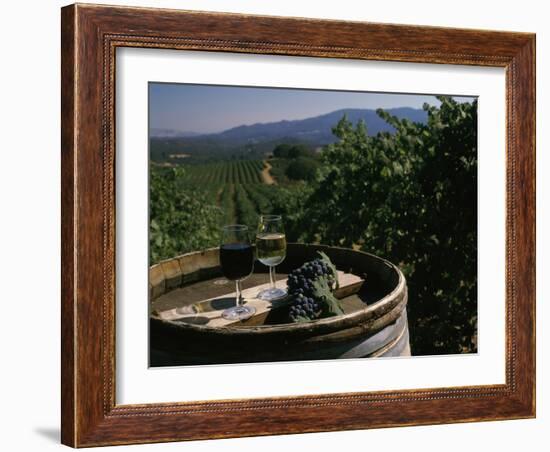 Two Glasses of Wine on Barrel at Kunde Estates Winery, Sonoma Valley, Sonoma County, California-null-Framed Photographic Print