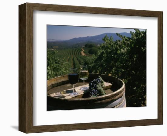 Two Glasses of Wine on Barrel at Kunde Estates Winery, Sonoma Valley, Sonoma County, California-null-Framed Photographic Print