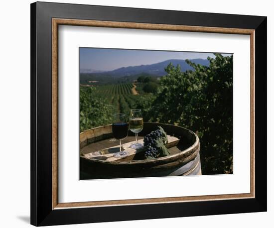 Two Glasses of Wine on Barrel at Kunde Estates Winery, Sonoma Valley, Sonoma County, California-null-Framed Photographic Print