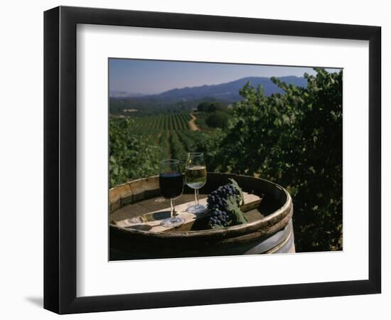 Two Glasses of Wine on Barrel at Kunde Estates Winery, Sonoma Valley, Sonoma County, California-null-Framed Photographic Print