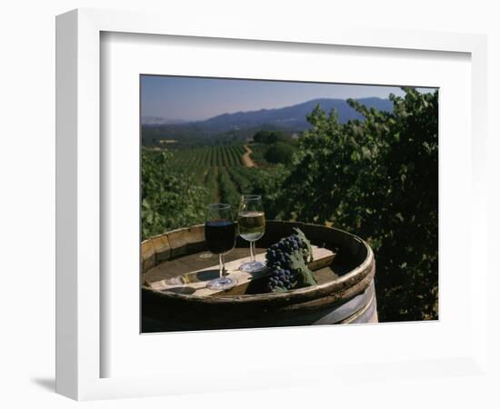 Two Glasses of Wine on Barrel at Kunde Estates Winery, Sonoma Valley, Sonoma County, California-null-Framed Photographic Print