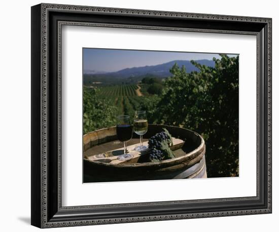 Two Glasses of Wine on Barrel at Kunde Estates Winery, Sonoma Valley, Sonoma County, California-null-Framed Photographic Print