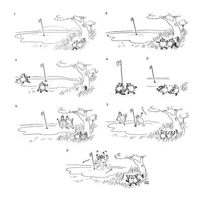 Two Golf Balls Fall Near Hole Two Little Gnomes Rush Out From Tree And Pu New Yorker Cartoon Premium Giclee Print Robert J Day Art Com