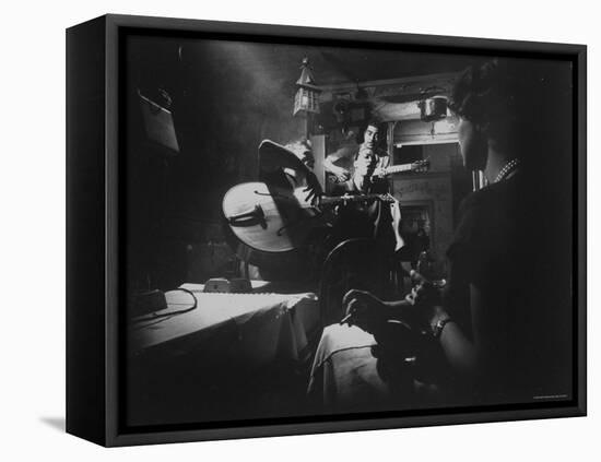 Two Guitarists and Vocalist Entertaining at Club Chez Genevieve-Gjon Mili-Framed Premier Image Canvas